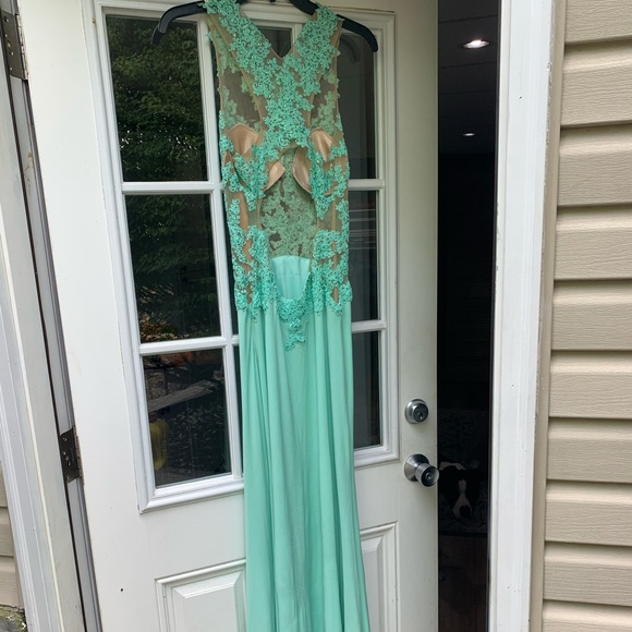 Madison James teal/turquoise prom dress w/ sequins - Picture 3 of 5